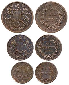 Set of 3 Proof Restrike, Copper ½ and ¼ Anna 1835; Copper ½ Pice, 1853 (KM 447.1, 446.2 & 