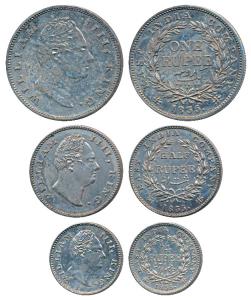 William IV, set of 3 Proof Restrike, Silver Rupee, ½ and ¼, 1835, F raised (KM 450.2, 449.