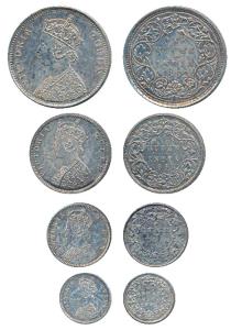 Victoria Queen, set of 4 Proof Restrike, Silver Rupee, ½, ¼ and 2 Annas, 1862; the ¼ Rupee