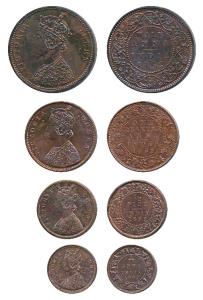 Victoria Queen, set of 4 Proof Restrike, Copper ½, ¼, 1/12 Anna and ½ Pice, 1862 (KM 468, 