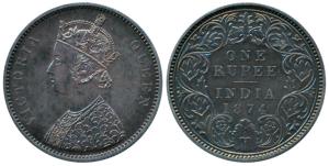 Victoria Queen, Silver Proof Restrike Rupee, 1874 Calcutta Mint, (KM 492). Early Proof Res