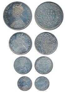 Victoria Empress, set of 4 Proof Restrike, Silver Rupee, ½ Rupee, ¼ Rupee and 2 Anna, 1877