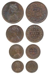 Victoria Empress, set of 4 Proof Restrike, Copper ½, ¼, 1/12 Anna and ½ Pice, 1877 (KM 487