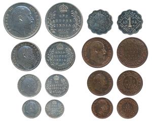 Edward VII, set of 8 Proof Restrike, set of 4, Silver Rupee, ½, ¼ and 2 Annas, and set of 