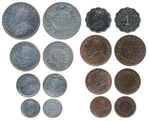George V, set of 8 Proof Restrike, set of 3, Silver Rupee, ½ and ¼ and set of 3, Copper ¼ 
