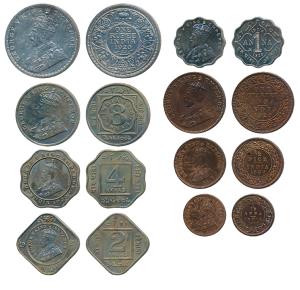 George V, set of 8 Proof Restrike, Silver Rupee, set of 4 Cupro —Nickel 8, 4, 2 and 1 Anna