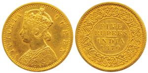 Victoria Queen, Gold, Rs. 5, 1870 (Prid 37). Proof Restrike, Mint State, Very Rare.