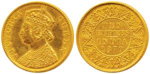 Victoria Queen, Gold Rupees 10, 1870 (Prid 29). Proof Restrike, Mint State, Very Rare.