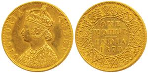 Victoria Queen, Gold Mohur, 1870. (Prid 10). Proof Restrike, Mint State, Very Rare.