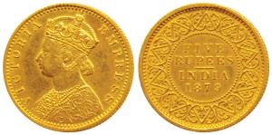 Victoria Empress, Gold Rupees 5, 1879, (Prid 45). Proof Restrike, Mint State, Very Rare.