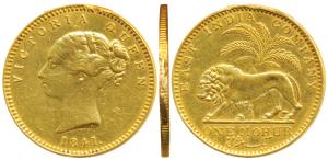 Victoria Queen, Gold Mohur, 11.64g, 1841, Continuous legend, ’S’ incuse on truncation for 