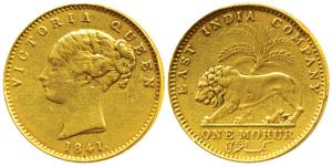 Victoria Queen, Gold Mohur, 11.52g, 1841, Continuous legend, without initial on truncation