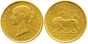 Victoria Queen, Gold Mohur, 11.66g, 1841, Divided legend, WW incused on truncation, cross 