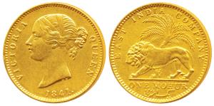 Victoria Queen, Gold Mohur, 11.66g, 1841, Divided legend, WW incused on truncation, cross 