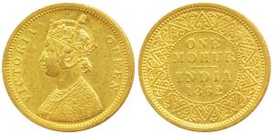 Victoria Queen, Gold Mohur, 11.77g, 1862, single flower in bottom panel of jabot, without 