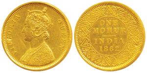 Victoria Queen, Gold Mohur, 11.72g, 1862, single flower in bottom panel of jabot, V in rel