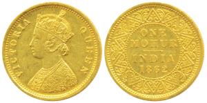 Victoria Queen, Gold Mohur, 11.66g, 1862, two flowers in bottom panel of jabot, V in relie