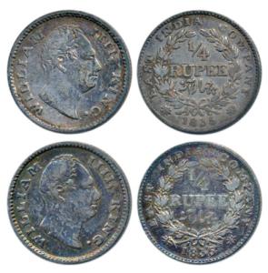 William IV, Silver ¼ Rupee, 1835, Calcutta Mint, Dug out F incuse, Wreath with 19 Berries 