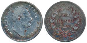 William IV, Silver ½ Rupee, 1835, Calcutta Mint, RS incuse, 21 Berries, (Prid 66). About V