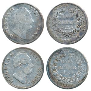 William IV, Silver ½ Rupee, 1835, Calcutta Mint, F incuse, 19 Berries and 21 Berries, (Pri