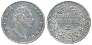 William IV, Silver Rupee, 1835, Calcutta Mint, F incuse, No dot after F, A / III, Bud Leav