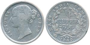 Victoria Queen, Silver ¼ Rupee, 1840, Divided Legend, Calcutta Mint, Mule, WW. raised, wre