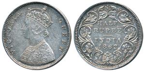 Victoria Queen, Silver ½ Rupee, 1862, Bombay Mint, B1 / II, Round pearls in the crown, (Pr