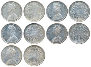 Victoria Queen, Silver Rupee, 1862 (5), an assorted lot of all different dot varieties, B 