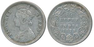 Victoria Queen, Silver ¼ Rupee, 1875, Bombay Mint, A / I No mint mark (Prid 406). Very Fin
