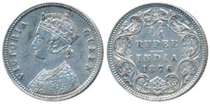 Victoria Queen, Silver ¼ Rupee, 1876, Calcutta Mint, A / I / No mint mark (Prid 381). Very