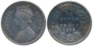 Victoria Queen, Silver ¼ Rupee, 1876, Bombay Mint, A / I No mint mark. Extremely Fine.