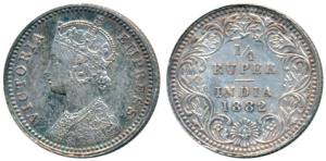 Victoria Empress, Silver ¼ Rupee, 1882, Calcutta Mint, C / II / C incuse, (Prid 387). Abou