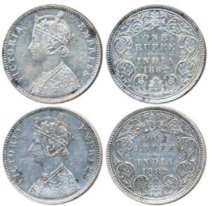 Victoria Empress, Silver Rupee (2), 1882, Calcutta Mint, A1 / I / C incuse; Bombay Mint, A