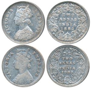 Victoria Empress, Silver 2 Annas (2), 1883, Calcutta Mint, B / II / C incuse; Bombay Mint,