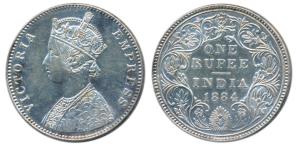 Victoria Empress, Silver Rupee, 1884, Bombay Mint, A3 / II Bottom B raised (Prid 166). Cle