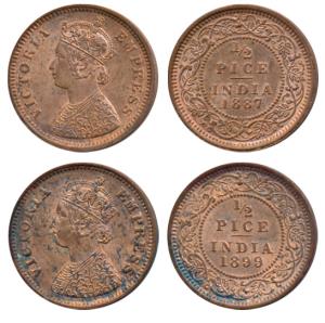 Victoria Empress, Copper ½ Pice (2), 1887 and 1899, Calcutta Mint. Uncirculated and the se