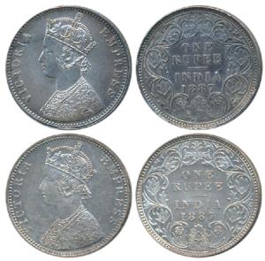 Victoria Empress, Silver Rupee (2), 1887, Calcutta Mint, C3 / I / C incuse (Prid 128); Bom