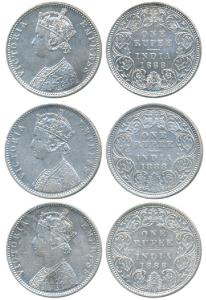 Victoria Empress, Silver Rupee (3), 1888, Calcutta Mint, C3 / I / C incuse; Bombay Mint, C