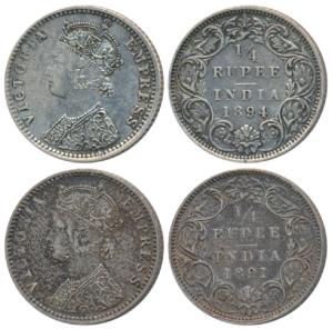 Victoria Empress, Silver ¼ Rupee (2), 1891 and 1894, Bombay Mint, C / I / B incuse (Prid )