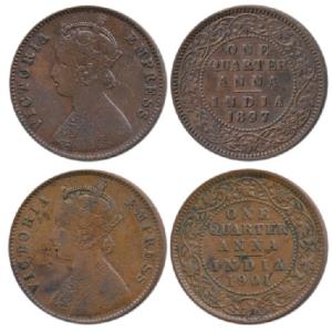 Victoria Empress, Copper ¼ Anna (2), 1897 & 1901, both, Calcutta Mint, (Prid 630 & 634). V