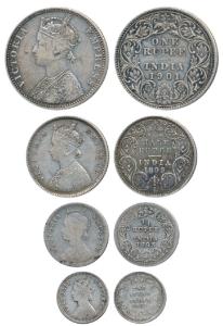 Victoria Empress, set of 4, Silver Rupee, ½, ¼ and 2 Annas, 1901 Calcutta Mint; 1899 Bomba