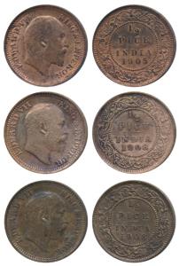 Edward VII, Copper ½ Pice (3), 1905 and 1908 (2). About Uncirculated to Uncirculated. (3)