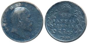 Edward VII, Silver 2 Annas, 1909, Calcutta Mint, (Prid 562). About Very Fine, Rare.