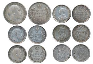 Edward VII, Silver ½ Rupee, 1910; Edward VII, George V and George VI, ¼ Rupee (5), 1905, 1