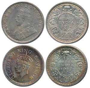 George V and George VI, Silver ¼ Rupee, 1912 and 1942, Bombay Mint. Nice toning, Uncircula