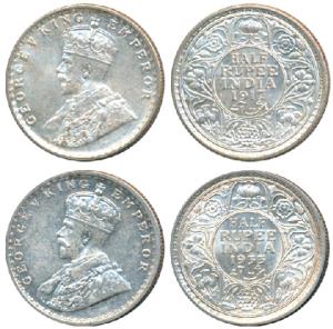 George V, Silver ½ Rupee, 1917, Bombay Mint and 1933, Calcutta Mint. Uncirculated and Abou