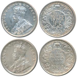 George V, Silver ½ Rupee (2), 1919, Bombay Mint; 1930, Calcutta Mint. About Extremely Fine