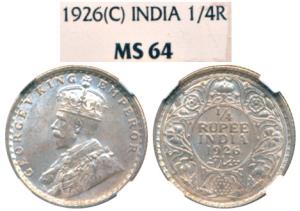 George V, Silver ¼ Rupee, 1926, Calcutta Mint. Graded by NGC MS64, Rare in such a high gra