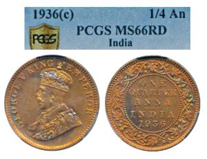 George V, Copper ¼ Anna, 1936, Calcutta Mint. Graded by PCGS MS66RD, Very Rare in such a h