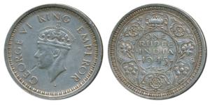 George VI, Half Silver Rupee, 1945, Bombay Mint, D / Ia / dot, Large and Open 5 in Date, U